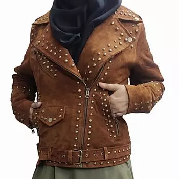 Женская коричневая замша из натуральной овечьей кожи, куртка с заклепками, легкая модель NATIVE, стиль американского панка, замша «ковбой», кожаная куртка с золотыми шипами, подарок для нее с поясом XS коричневый