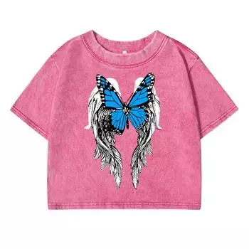 Женская короткая футболка с принтом крыльев бабочки, выстиранная, летняя, повседневная, уличный топ, модная футболка с открытым животом, с эффектом потертости M