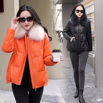 Женская короткая куртка большого размера из овчины, кожаная куртка, утолщенный пуховик, свободное пальто, зимний воротник из лисьего меха M [95-55kg recommended]