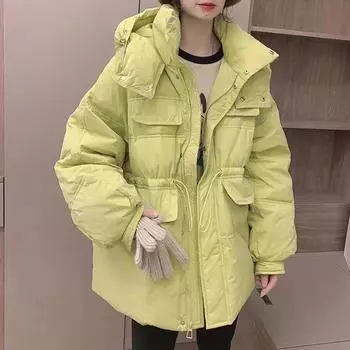 Женская короткая куртка-пуховик с капюшоном и инструментами 2024 года, зима, новая свободная талия, модная белая куртка-пуховик большого размера прилив S чёрный