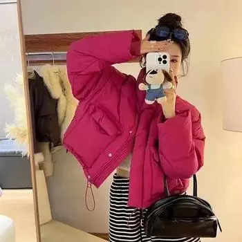 Женская короткая куртка-пуховик с воротником-стойкой, зимняя новая куртка на утином пуху белого цвета с большим карманом, 2024 г. S сливовый