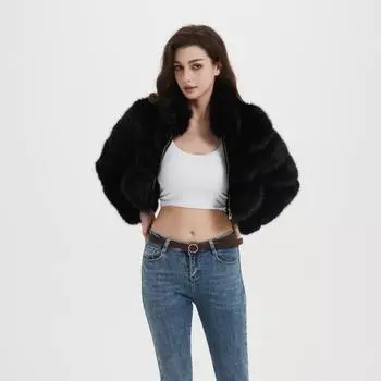 Женская короткая куртка-пуховик с застежкой-молнией и длинными рукавами, воротником-стойкой, мехом лисы Тока S чёрный