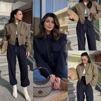 Женская короткая куртка с большими карманами в стиле Европы и США, повседневная однотонная модная простая куртка с воротником-стойкой, длинным рукавом, низом на пуговицах, эластичная утолщенная короткая куртка S