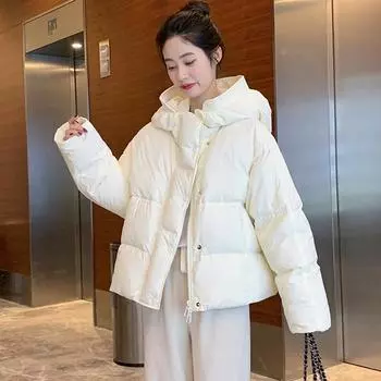 Женская короткая легкая куртка-пуховик осень-зима с капюшоном, однобортное свободное белое пуховое пальто с карманом и воротником-стойкой, однотонный цвет One Size чёрный