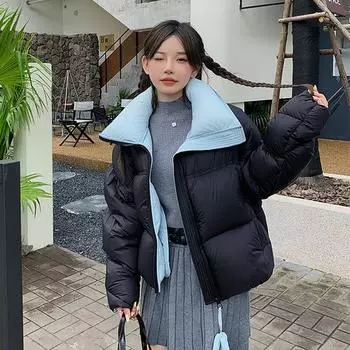 Женская короткая легкая пуховая куртка осень-зима с воротником-стойкой, свободная прямая белая пуховая куртка с однотонным карманом на молнии One Size чёрный