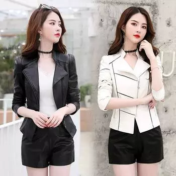 Женская короткая новая весенне-осенняя мотоциклетная кожаная куртка, тонкая одежда, женское пальто XXXXL