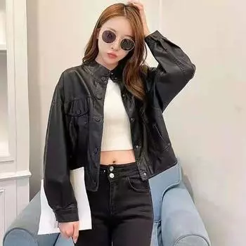 Женская короткая приталенная куртка из вымытой кожи Black M