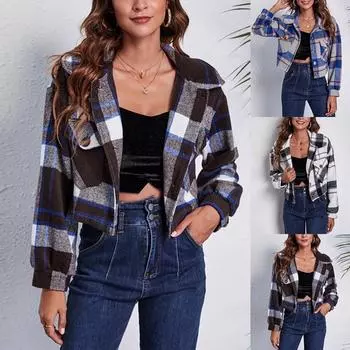 Женская короткая шерстяная куртка с клетчатыми рукавами и длинными рукавами, верхняя одежда M