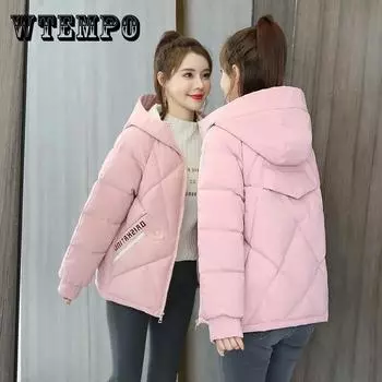 Женская короткая стеганая куртка на хлопковой подкладке, свободная стеганая куртка с капюшоном и принтом, зимняя куртка XXXL