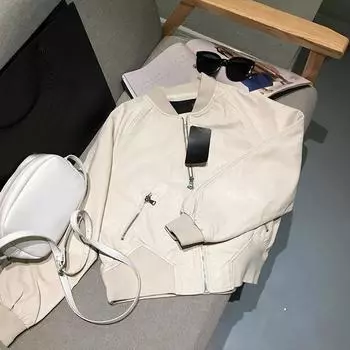 Женская короткая свободная кожаная куртка 2024 года, новая повседневная кожаная куртка с высокой талией, короткое пальто S бежевый
