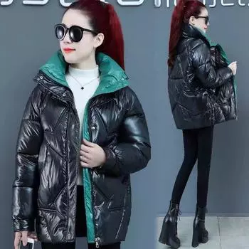 Женская короткая теплая куртка с пышной молнией, блестящая теплая куртка с воротником-стойкой, куртка больших размеров с подкладкой из хлопка 3XL