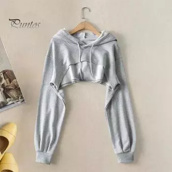 Женская короткая толстовка с капюшоном, однотонная, с длинными рукавами, с завязками на резинке, свободная, индивидуальная, спортивная, уличная, повседневная, топ M чёрный