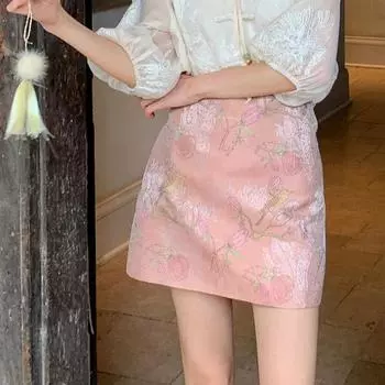Женская короткая юбка А-силуэта в китайском стиле, розовая жаккардовая юбка с высокой талией, универсальная женская шикарная одежда S розовый