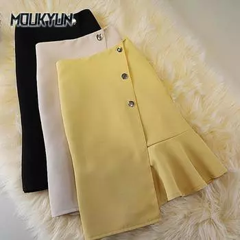 Женская короткая юбка-карандаш с высокой талией и оборками для офиса S чёрный