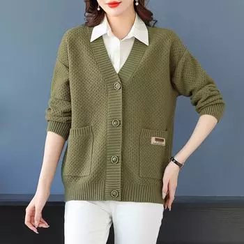 Женская короткая вязаная куртка на весну и осень для женщин среднего и пожилого возраста, свободный утолщенный вязаный свитер, пальто с капюшоном, блузка XXXL зелёный