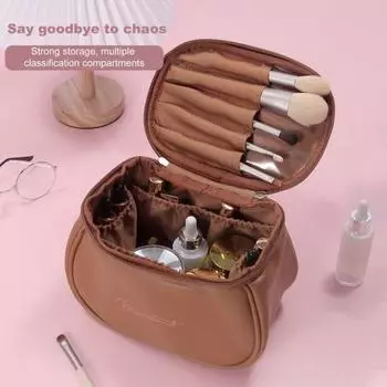 Женская косметичка для хранения, гладкая водонепроницаемая искусственная кожа, большая вместимость с разделителями разных размеров, дорожная сумка для туалета в деловой поездке розовый
