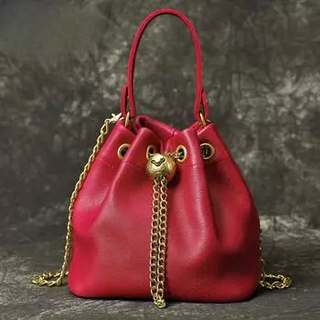 Женская косметичка из натуральной кожи высшего качества, повседневная сумка-ведро из натуральной кожи, мягкая сумка на цепочке из коровьей кожи One Size