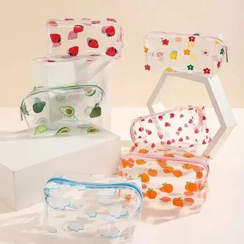 Женская косметичка на молнии с цветочным принтом, прозрачная косметичка, модная прозрачная дорожная ПВХ прозрачная мини-сумка для стирки, клубника