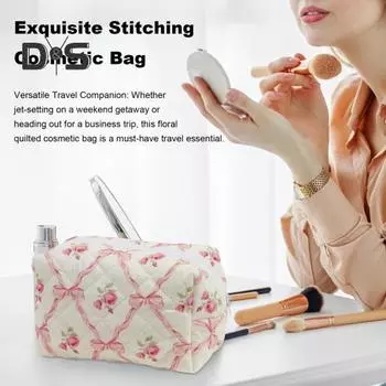 Женская косметичка с цветочным принтом и бантом на молнии Мягкая большая емкость Портативная легкая губная помада Коричневый карандаш Кисть для макияжа Дорожная косметичка розовый