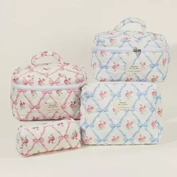 Женская косметичка с цветочным принтом и бантом на молнии, портативная, мягкая, большой емкости, коричневая, легкая, губная помада, карандаш для макияжа S розовый