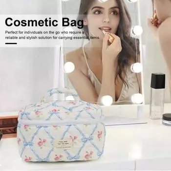 Женская косметичка с цветочным принтом и бантом на молнии Мягкая большая емкость Портативная легкая губная помада Коричневый карандаш Кисть для макияжа Дорожная косметичка S розовый