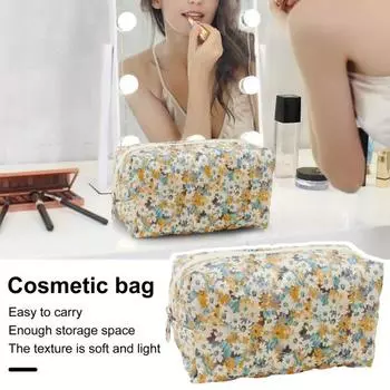 Женская косметичка с цветочным принтом на молнии, мягкая большая емкость, портативная легкая губная помада, коричневый карандаш, кисть для макияжа, дорожная косметичка