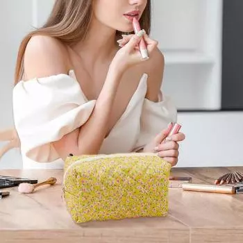 Женская косметичка с цветочным принтом на молнии, мягкая большая емкость, портативная легкая губная помада, коричневый карандаш, кисть для макияжа, дорожная косметичка