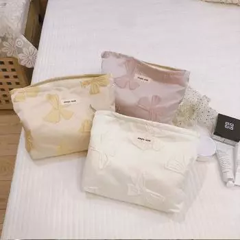 Женская косметичка с розовым бантом, большая вместимость, объемная помада, сумка для хранения мобильного телефона, переносная холщовая косметичка белый