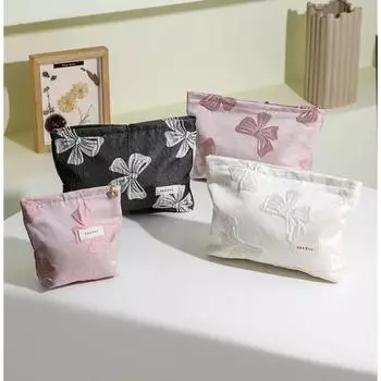 Женская косметичка с розовым бантом, вместительная косметичка, переносной клатч, косметичка на каждый день