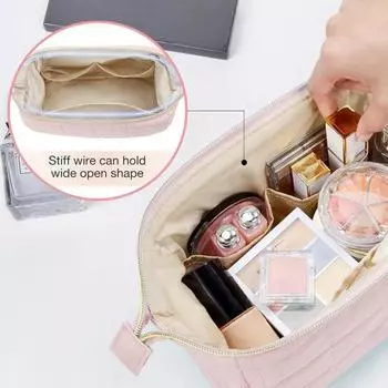 Женская косметичка с широким отверстием, пушистая подкладка, продолговатая форма, портативная застежка-молния, однотонная сумка для путешествий и отдыха на природе, косметичка бежевый