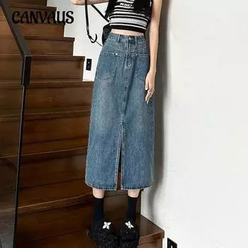 Женская ковбойская юбка средней длины с карманами и высокой талией, повседневная облегающая юбка трапециевидной формы средней длины, винтажная посылка, бедра S синий