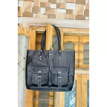 Женская кожаная большая сумка премиум-класса с двумя карманами спереди 12 x 16 x 4 in чёрный