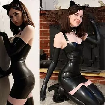 Женская кожаная готическая клубная одежда, латексный кожаный женский костюм, нарядное облегающее платье с перчатками XL