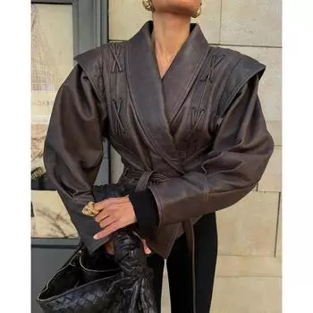 Женская кожаная куртка-бомбер, свободное пальто с поясом, зазубренные подплечники, мотоциклетная улично-шикарная короткая тонкая верхняя одежда, модная однотонная на шнуровке S темные хаки