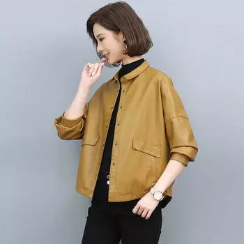 Женская кожаная куртка из искусственной мягкой кожи, весна и осень, новая корейская версия, повседневный свободный универсальный топ в западном стиле, замедляющий старение M жёлтый