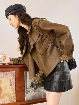 Женская кожаная куртка Mishow, новинка 2023 года, осенняя винтажная модная универсальная одежда, топы MXC46W0062