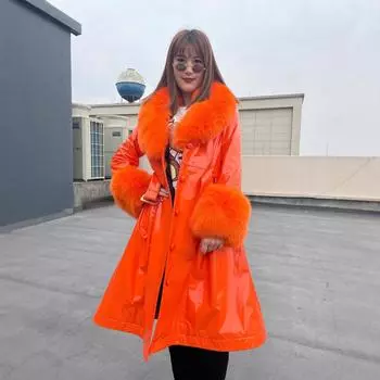 Женская кожаная куртка OEM осень-зима плюс длинное пальто из натуральной кожи с воротником из меха лисы, облегающая модная куртка корейской версии S