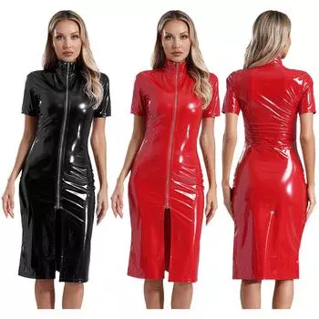 Женская кожаная куртка, пальто, костюм для дискотеки, вечеринки, короткое платье, однотонное облегающее платье из латекса с эффектом мокрой кожи, одежда для танцев на пилоне M
