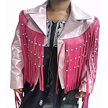 Женская кожаная куртка с бахромой, куртка с бахромой в стиле Среднего Запада, праздничная куртка, оригинальная кожаная куртка в западном стиле, рождественский подарок для ее куртки XS металлик розовый