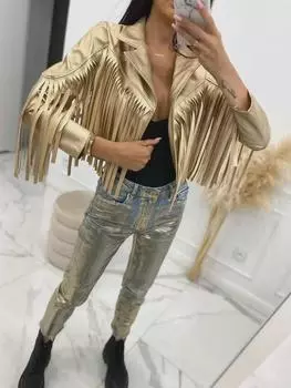 Женская кожаная куртка с бахромой в европейском и американском стиле, осень 2023 г. L серебряный серый