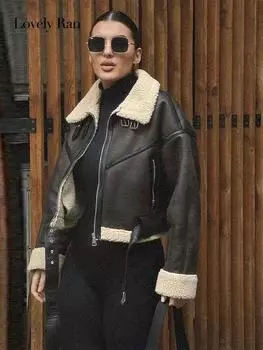 Женская кожаная куртка с мехом и поясом, толстая теплая овечья шерсть на молнии, женское мото пальто, осень-зима, отложной воротник, карманное женское пальто XS коричневый