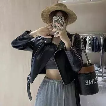 Женская кожаная куртка с высокой талией, короткая, корейский стиль, модная, тонкая мотоциклетная кожаная куртка, весеннее и осеннее пальто из искусственной кожи S