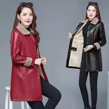 Женская кожаная куртка средней длины с плюшем и утолщенной новой зимней курткой из искусственной кожи, модная женская одежда оверсайз для мам 5XL
