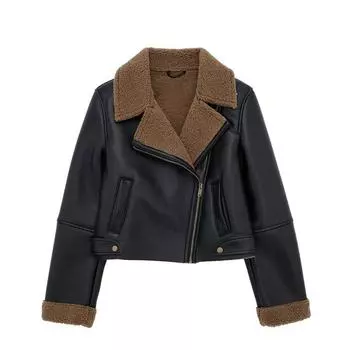Женская кожаная куртка, толстая теплая овечья шерсть, короткая куртка-бомбер, цветная, дизайн «столкновение», свободный повседневный топ с высокой талией, искусственная мягкая кожа, осень-зима M чёрный