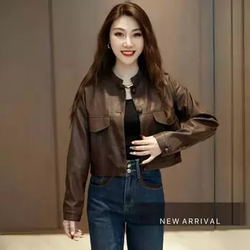 Женская кожаная куртка в стиле ретро в Гонконге, короткое пальто с воротником-стойкой в осенне-зимнем стиле, модная и универсальная кожаная куртка. M