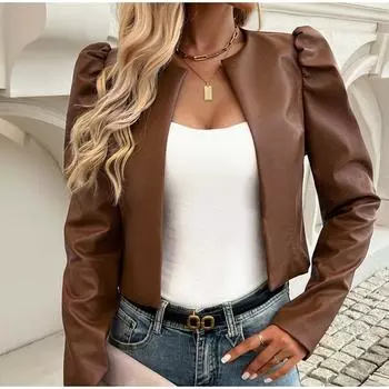 Женская кожаная куртка в уличном стиле с длинными рукавами, повседневное пальто, осенняя офисная женская верхняя одежда с круглым вырезом S чёрный