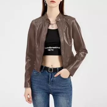 Женская кожаная куртка весна-осень с длинным рукавом, модная куртка с воротником-стойкой S верблюд