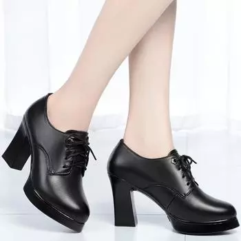 Женская кожаная обувь. Туфли на высоком каблуке со шнуровкой. Толстые каблуки. Толстая подошва. Водонепроницаемая платформа. Женская обувь большого размера для среднего возраста. 35