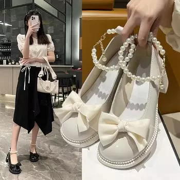 Женская кожаная обувь весна-лето новая юбка с бантом и цепочкой на толстом каблуке высокие каблуки 35 бежевый