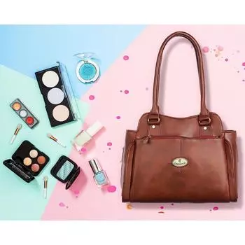 Женская кожаная сумка через плечо большой вместимости с верхней ручкой и множеством карманов 34 x 11 x 25 cm дубильная кора